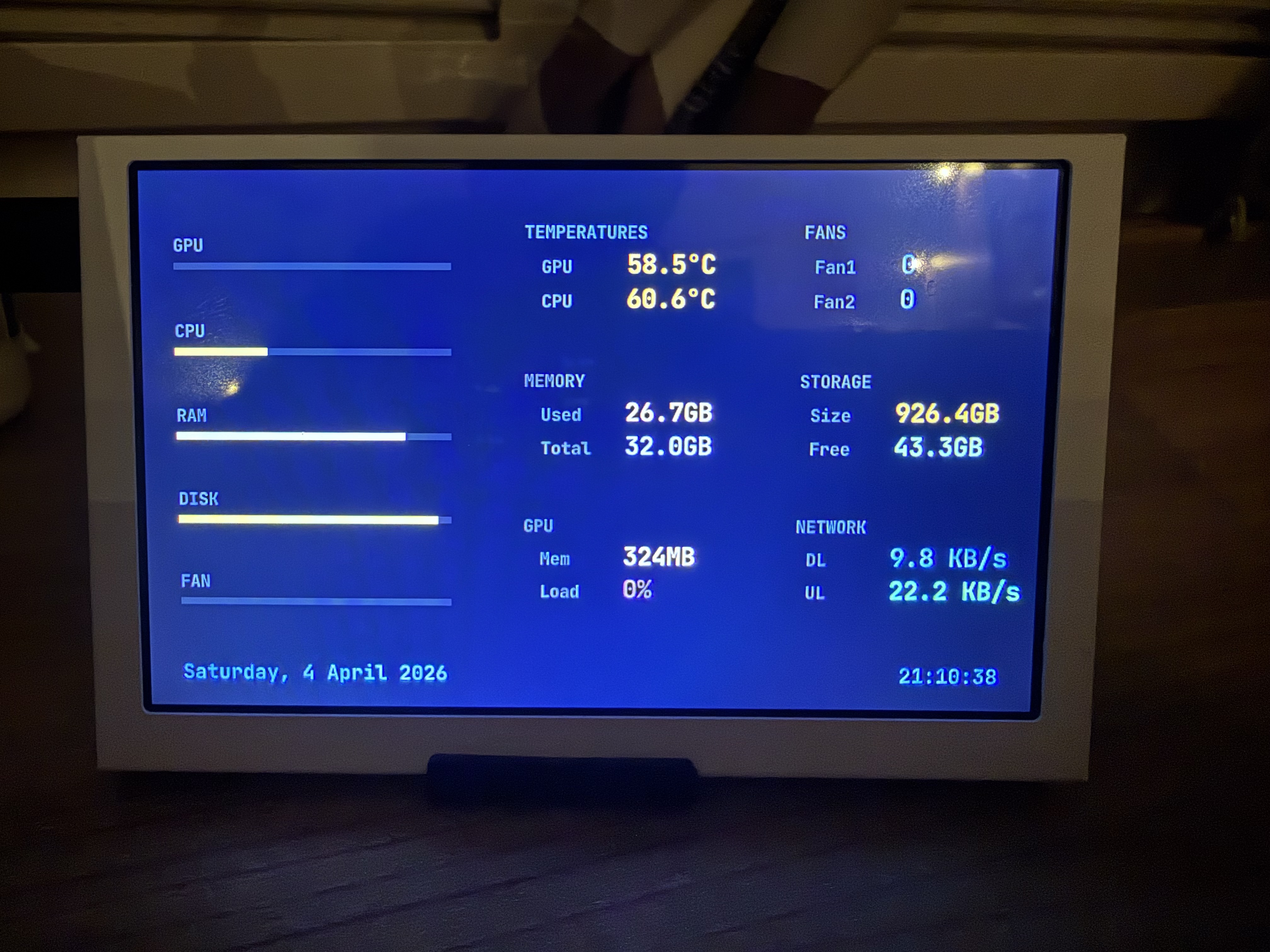 System stats. CPU, memory, GPU, storage, network.